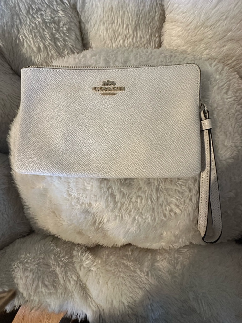 Coach Cream Leather Wristlet Clutch with Gold Logo